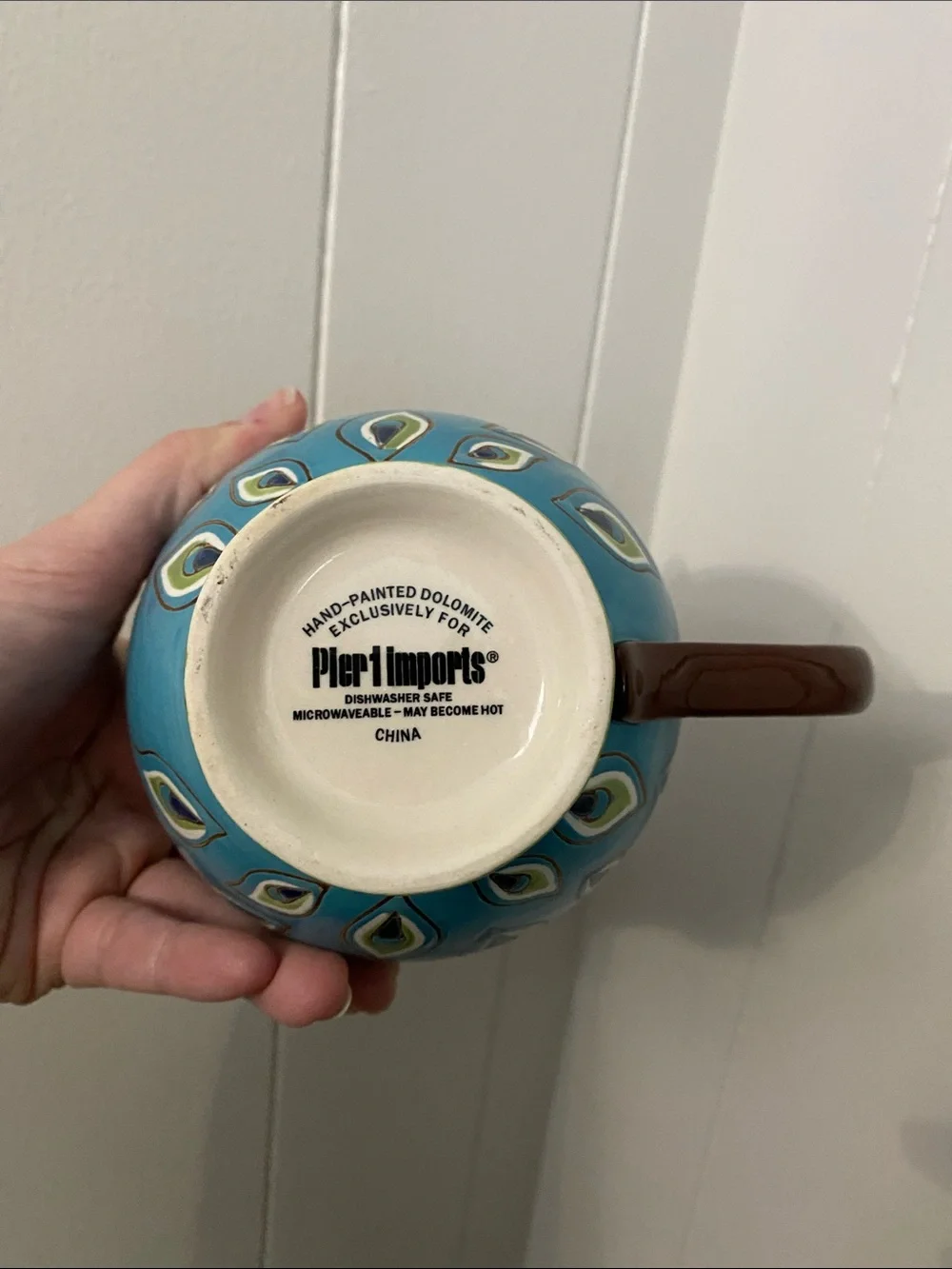 Pier 1 Turquoise Peacock Feather Ceramic Mug with Brown Handle